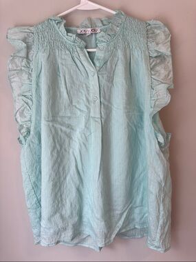Joy Joy Light Aqua Ruffle Sleeve Smocked Yoke Button Front Top